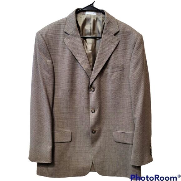 Geoffrey Beene Tan 100% Wool Three Button Men's Grandpa Suit Coat Blazer, 43R - Picture 2 of 5